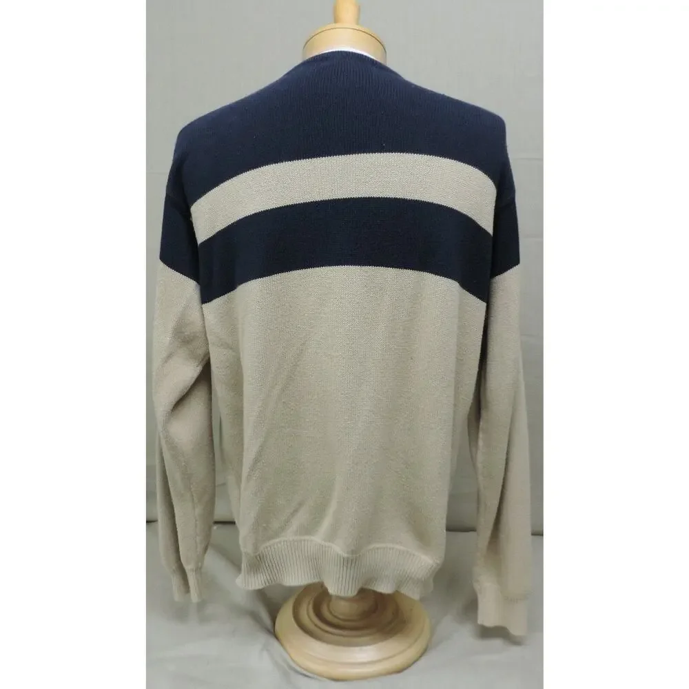 Nautica men's size L cotton crew neck sweater knit tan and navy blue